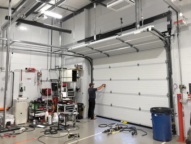Trumbull Center Garage Door Repair certified technician performing commercial door repair at a Trumbull Center business facility