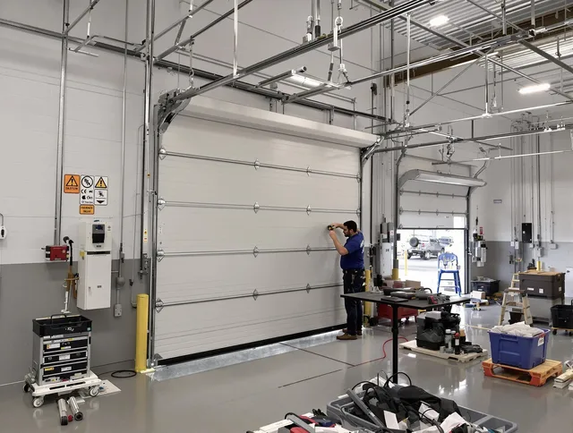 Commercial garage door repair being performed by Trumbull Center Garage Door Repair expert in Trumbull Center