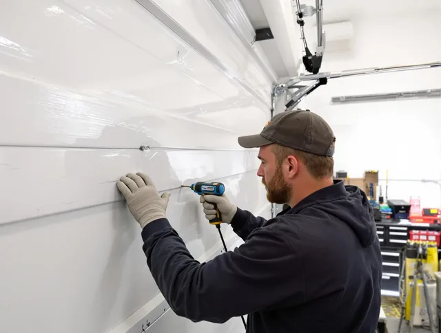 Trumbull Center Garage Door Repair technician demonstrating precision dent removal techniques on a Trumbull Center garage door
