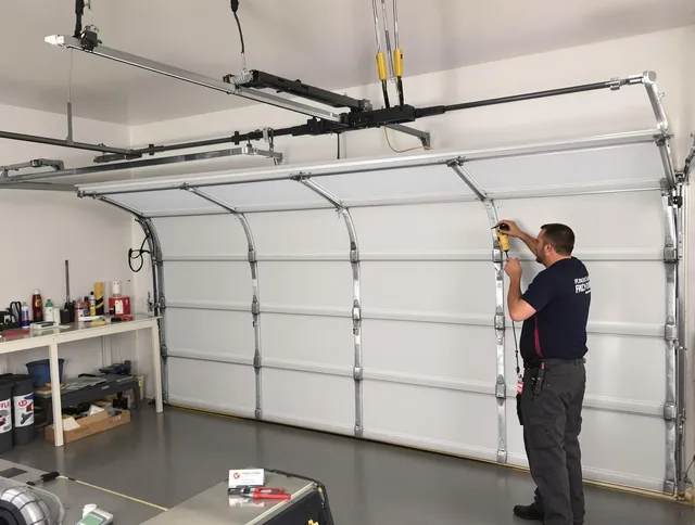 Trumbull Center Garage Door Repair certified technician performing overhead door system repair in Trumbull Center