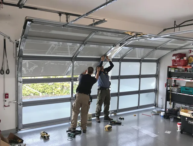 Trumbull Center Garage Door Repair expert performing precise panel replacement on Trumbull Center garage door