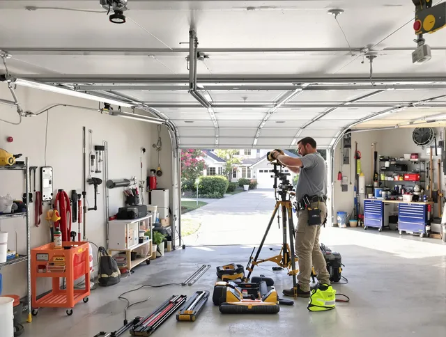 Trumbull Center Garage Door Repair specialist performing laser-guided track alignment in Trumbull Center